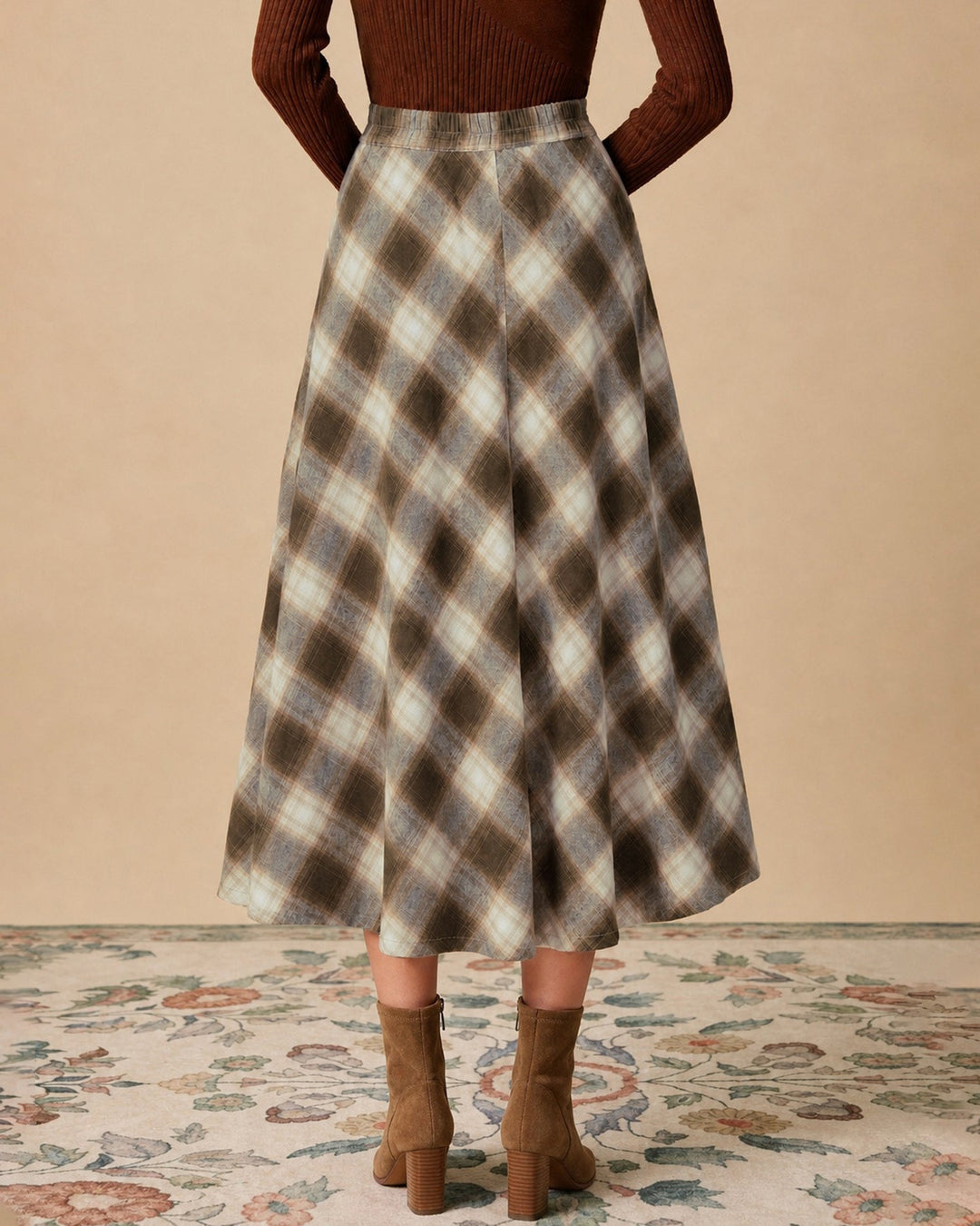 Jupe Midi à Carreaux avec Taille Élastique Marron