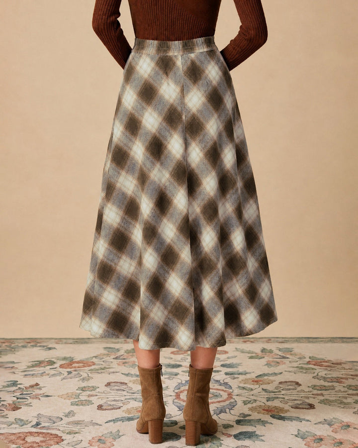 Jupe Midi à Carreaux avec Taille Élastique Marron