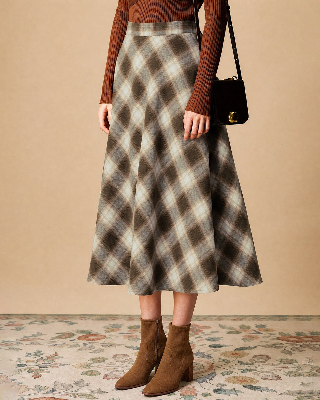 Jupe Midi à Carreaux avec Taille Élastique Marron