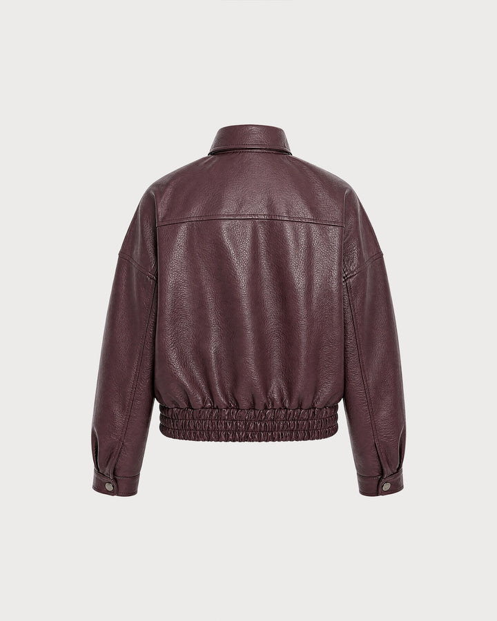 Veste à Poches en Cuir PU Rouge Vin