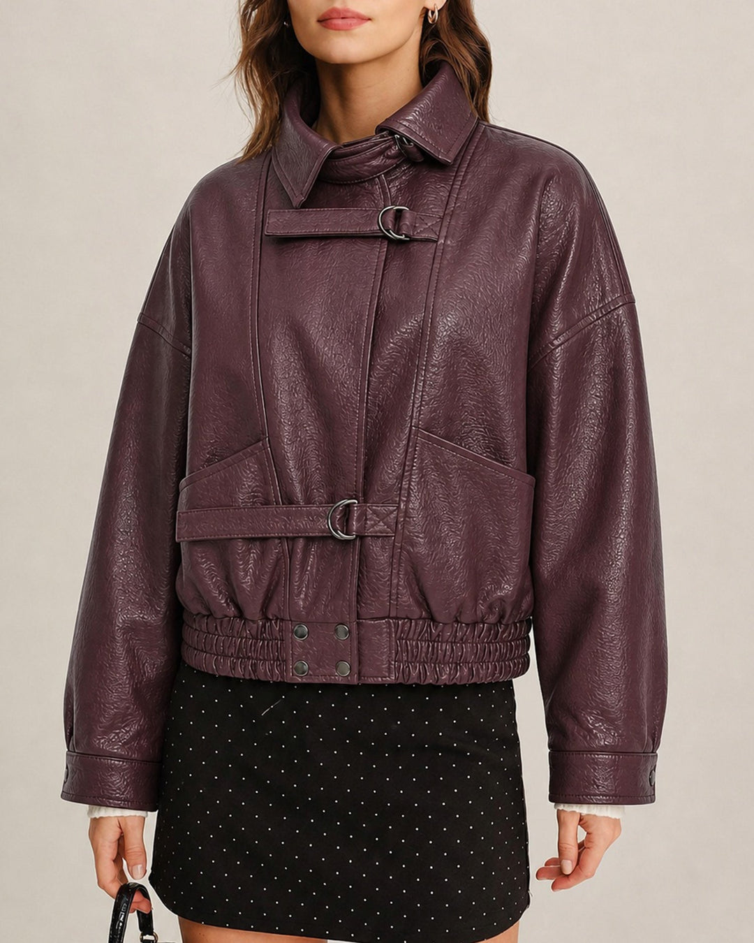 Veste à Poches en Cuir PU Rouge Vin