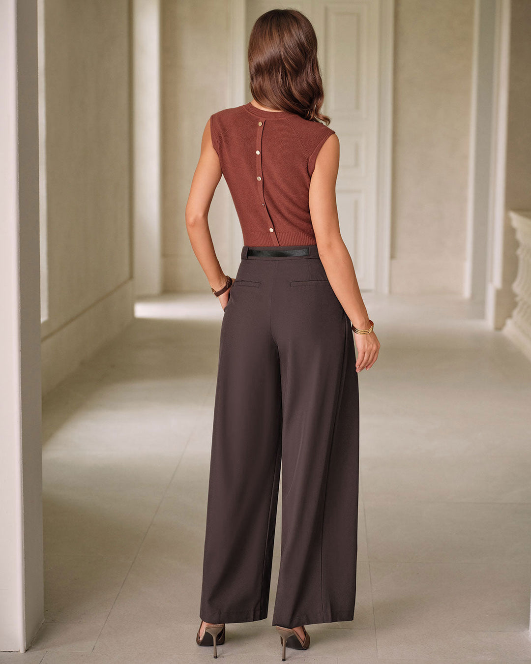 Pantalon Décontracté à Poches Taille Naturelle Café