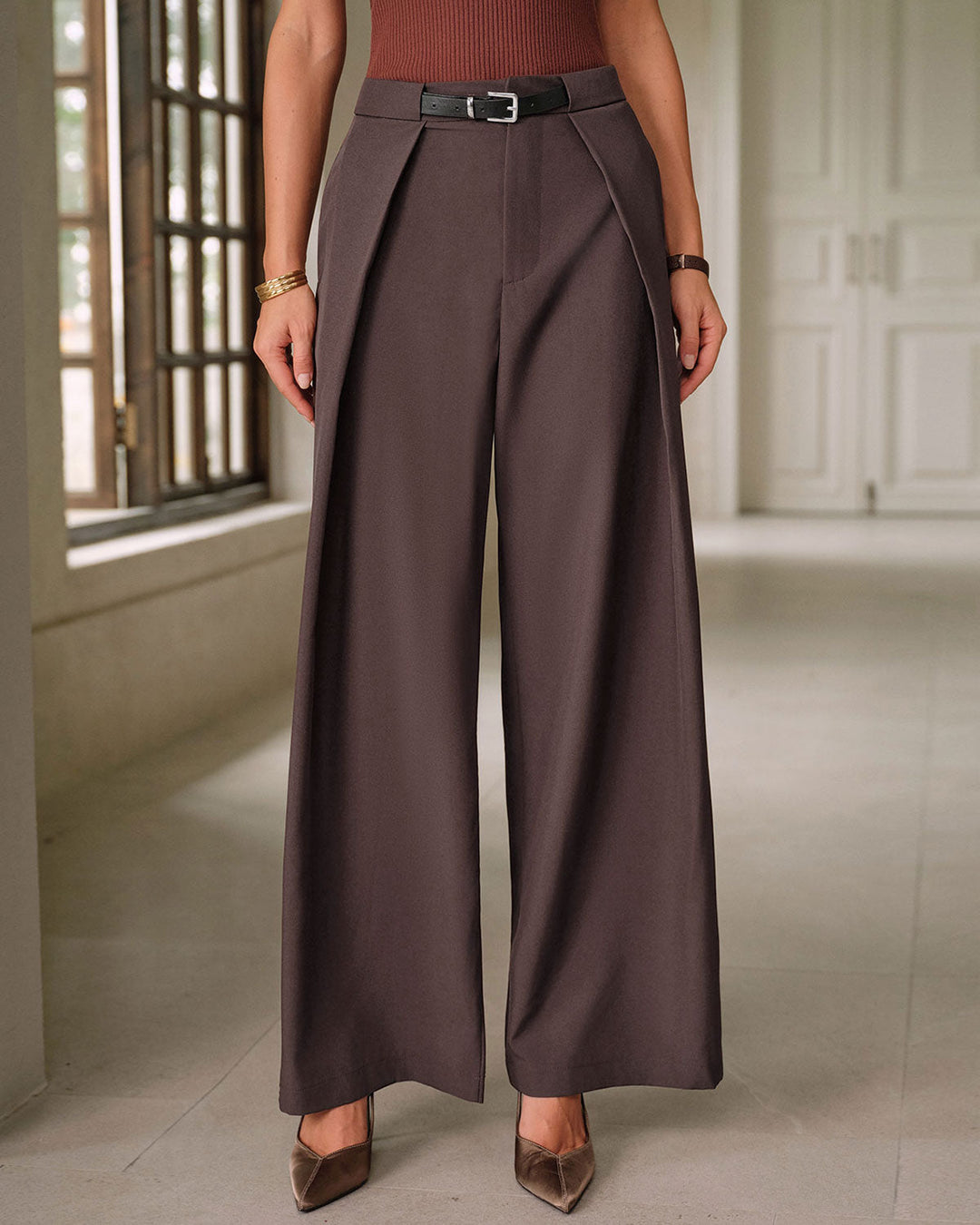 Pantalon Décontracté à Poches Taille Naturelle Café