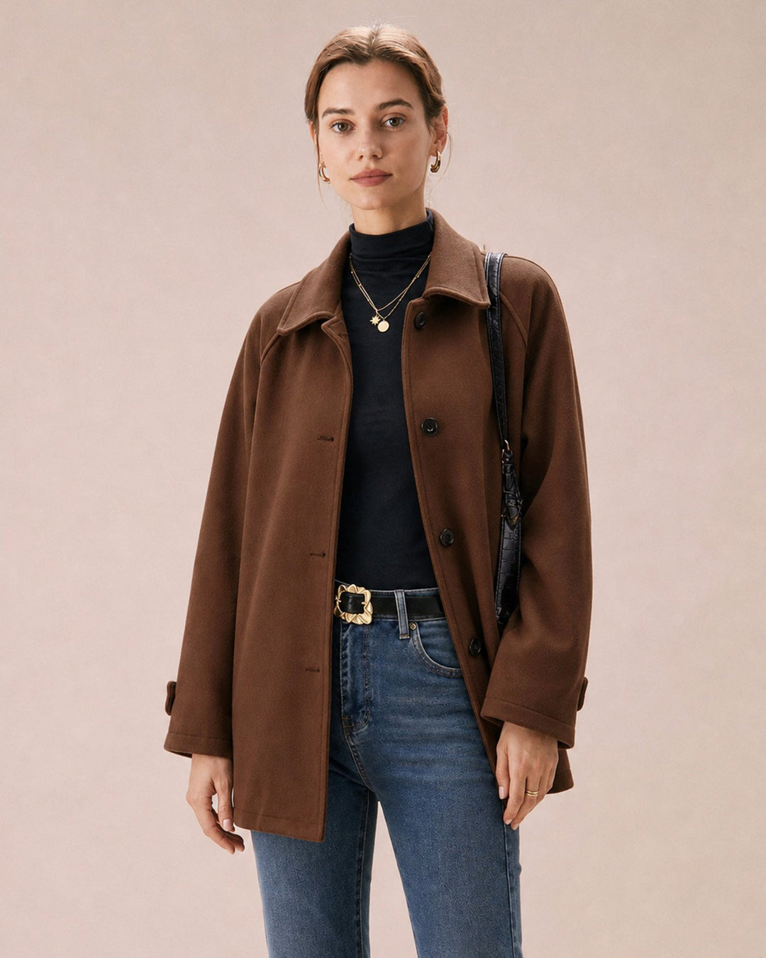 Veste Marron Unicolore à Boutonnage Simple