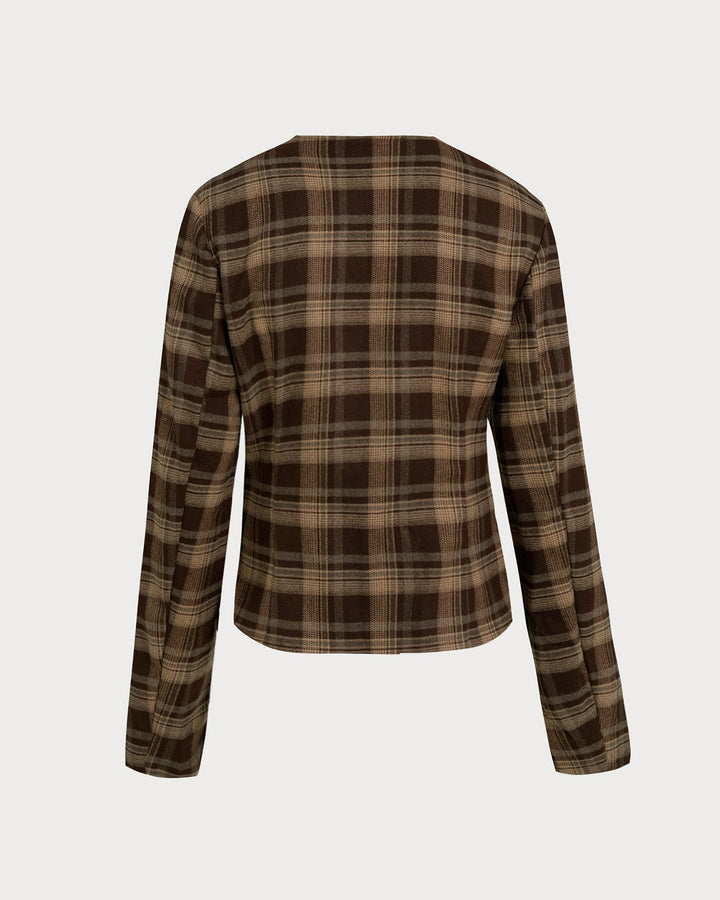Veste Marron à Carreaux à Boutonnage Simple