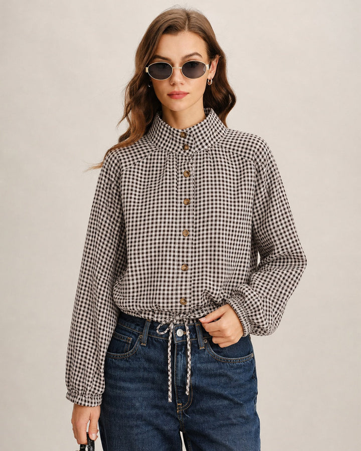 Veste à Carreaux Simple Boutonnée Café