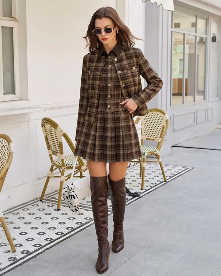 Veste Marron à Carreaux à Boutonnage Simple