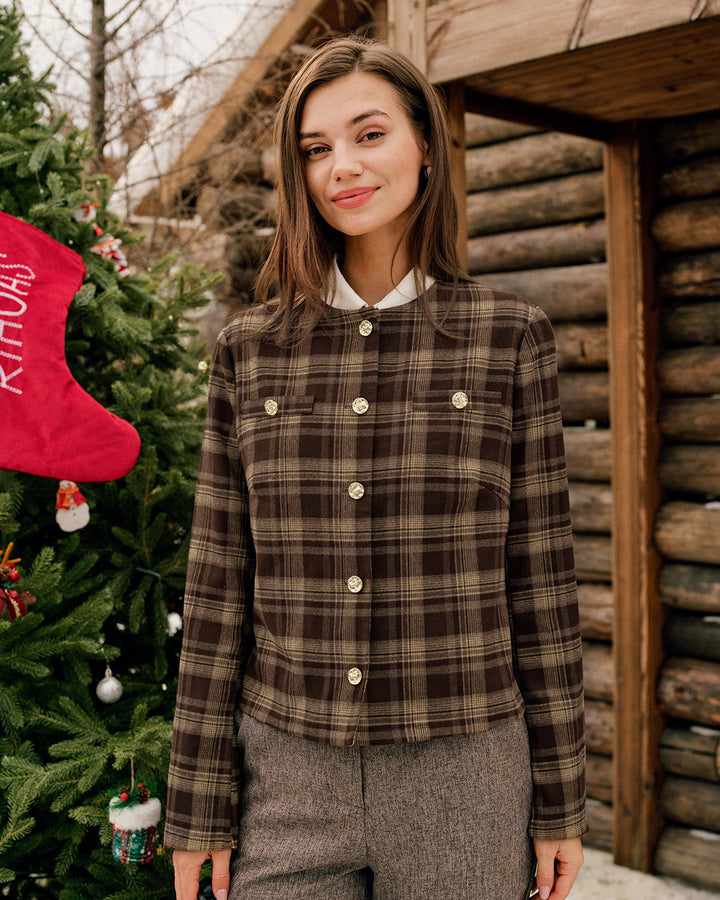 Veste Marron à Carreaux à Boutonnage Simple