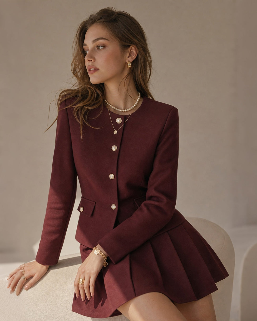 Veste Rouge Vin à Boutonnage Simple