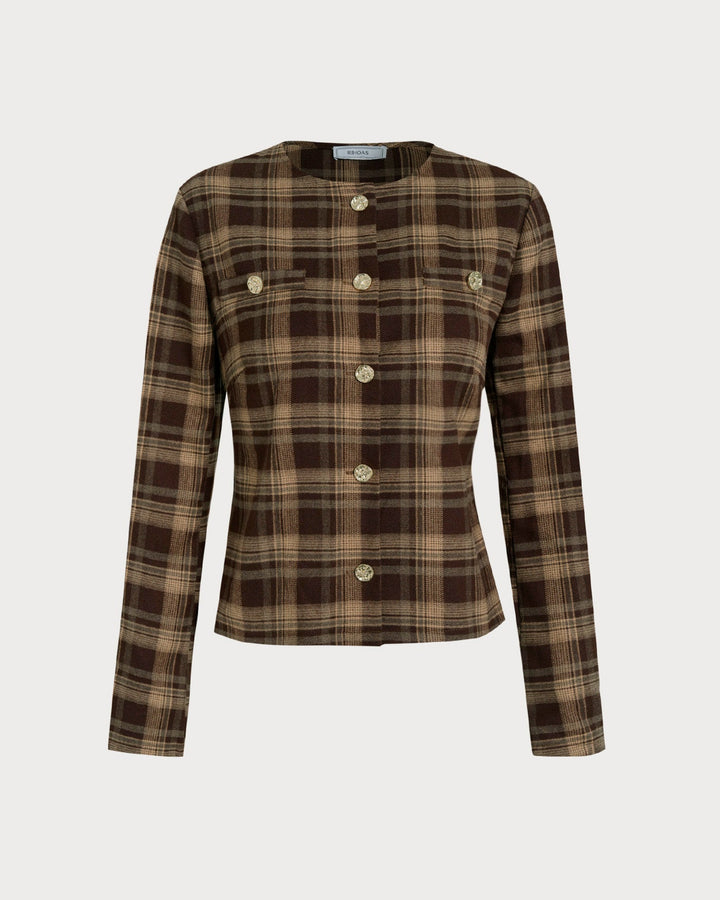 Veste Marron à Carreaux à Boutonnage Simple