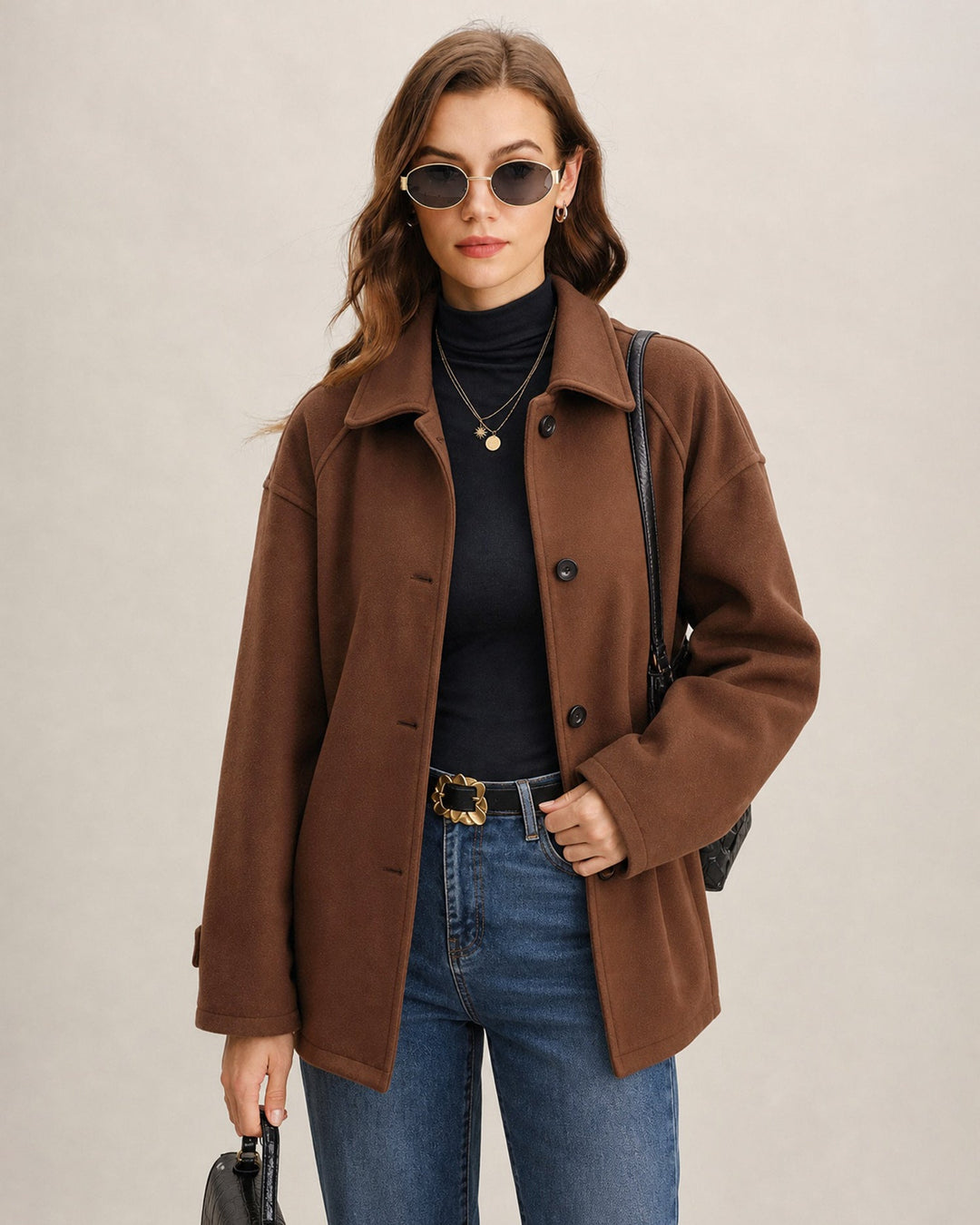 Veste Marron Unicolore à Boutonnage Simple