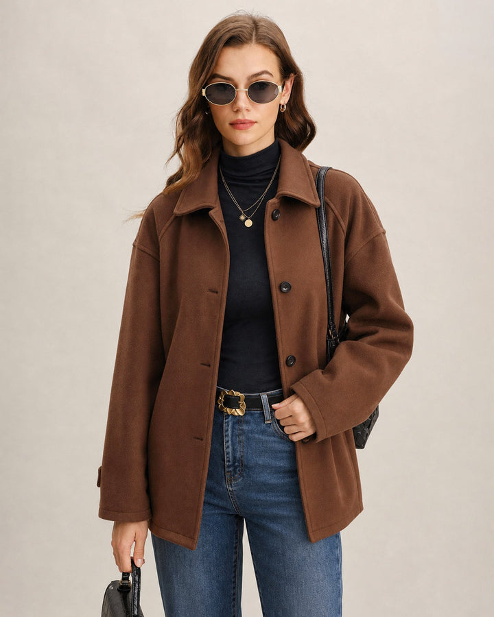 Veste Marron Unicolore à Boutonnage Simple