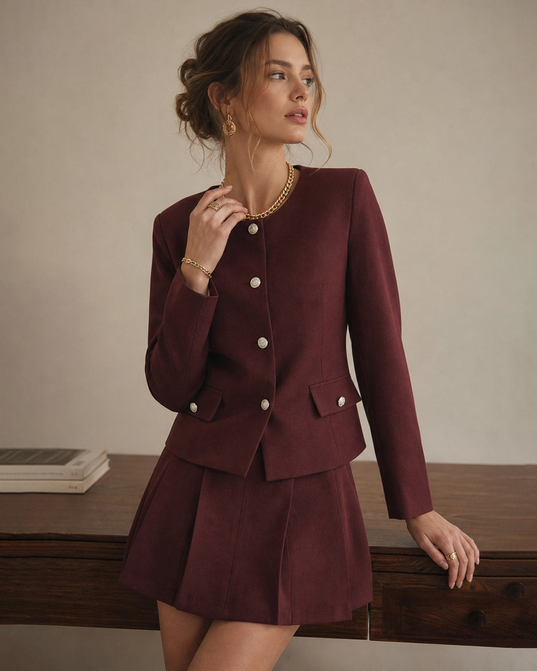 Veste Rouge Vin à Boutonnage Simple