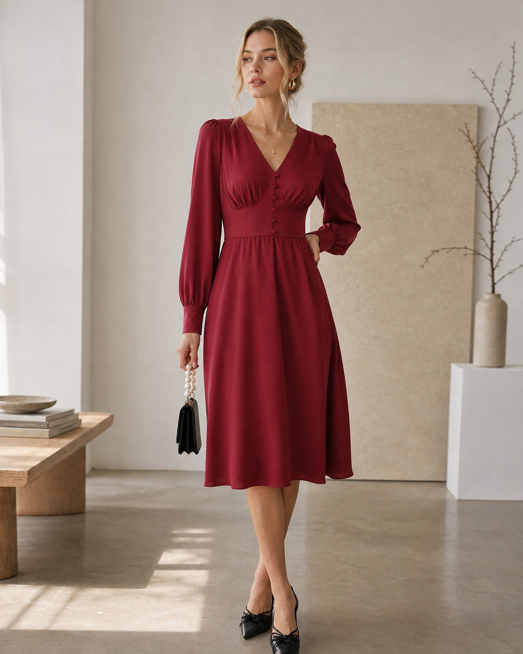 Robe Midi Satin Rouge Vin à Col V
