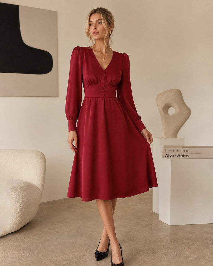 Robe Midi Satin Rouge Vin à Col V