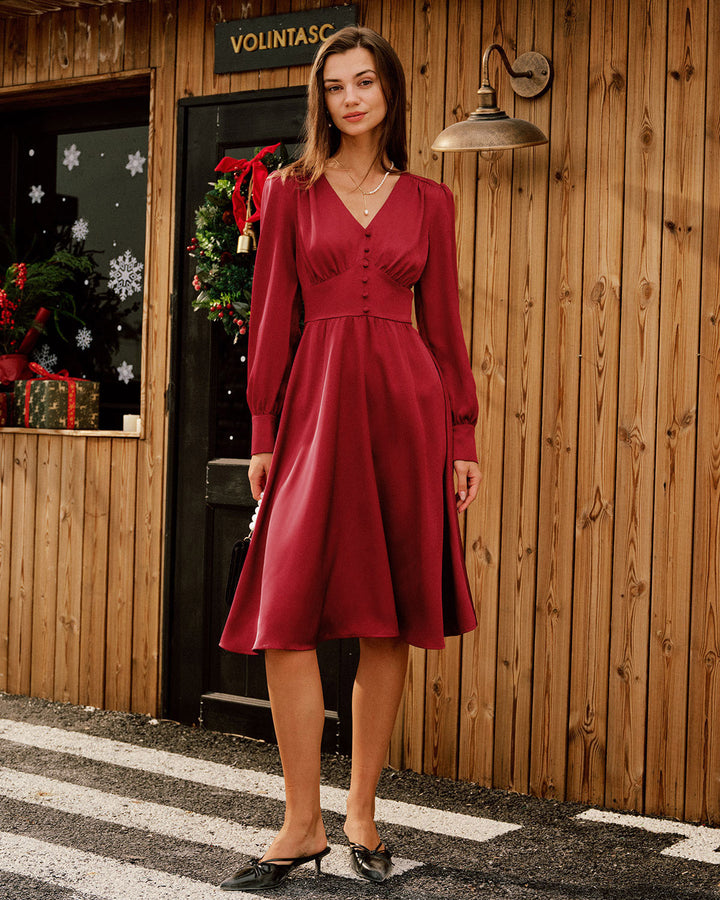 Robe Midi Satin Rouge Vin à Col V