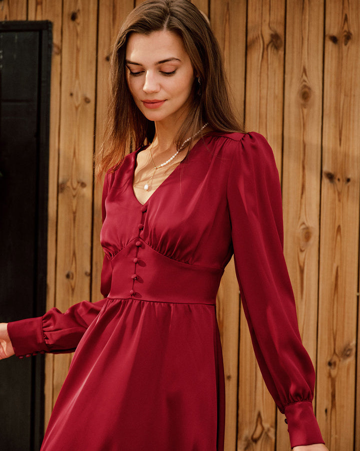 Robe Midi Satin Rouge Vin à Col V