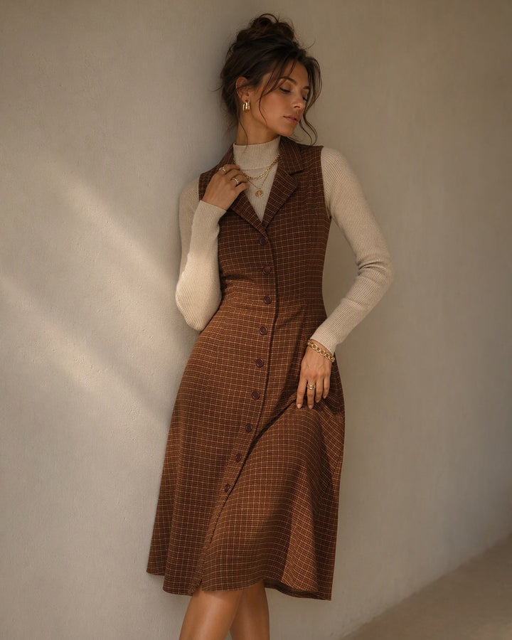 Robe Midi à Carreaux Marron Sans Manches avec Poches