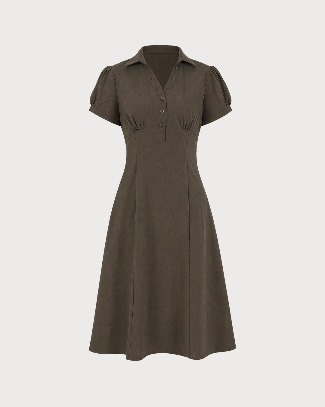 Robe Midi à Manches Bouffantes Brune avec Fente et Boutons