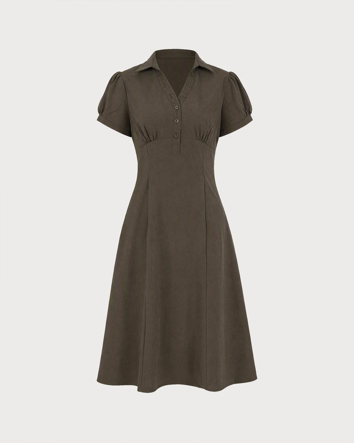 Robe Midi à Manches Bouffantes Brune avec Fente et Boutons