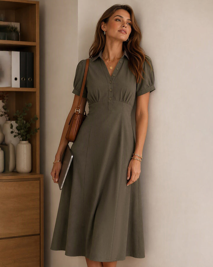 Robe Midi à Manches Bouffantes Brune avec Fente et Boutons