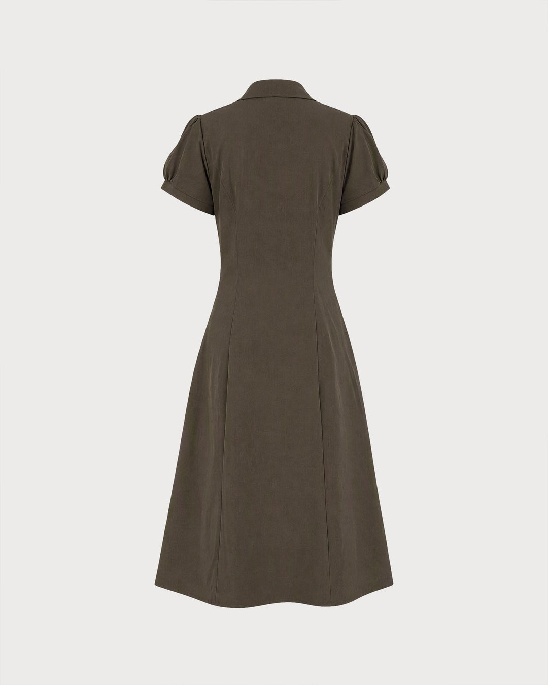 Robe Midi à Manches Bouffantes Brune avec Fente et Boutons