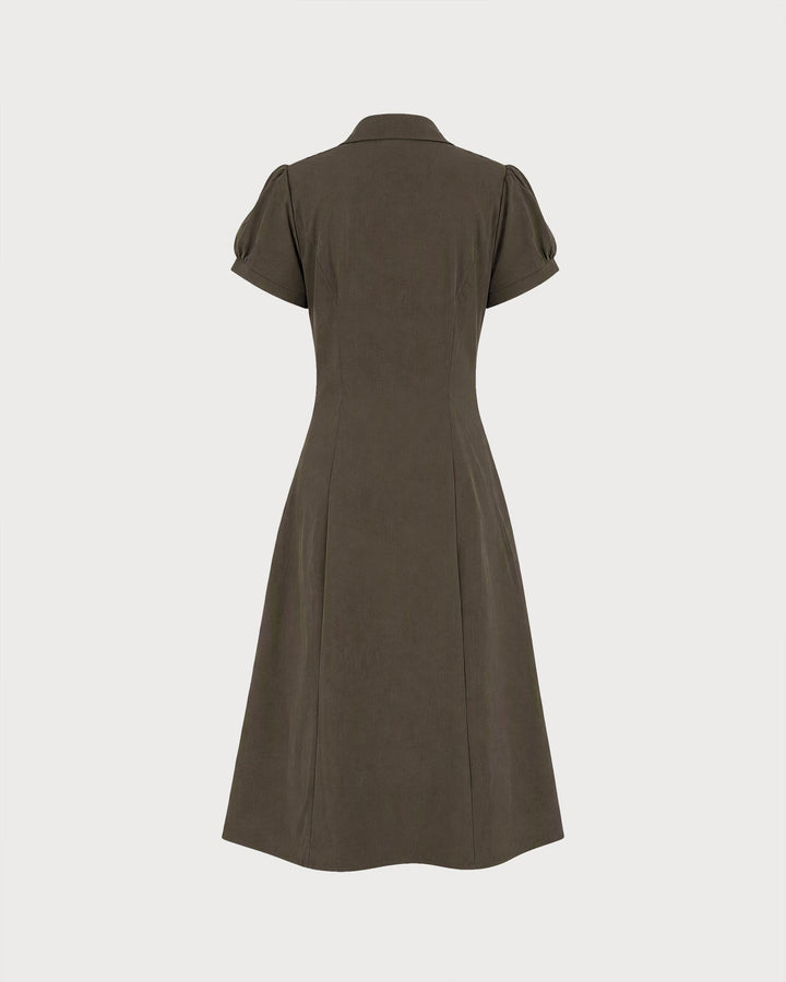 Robe Midi à Manches Bouffantes Brune avec Fente et Boutons