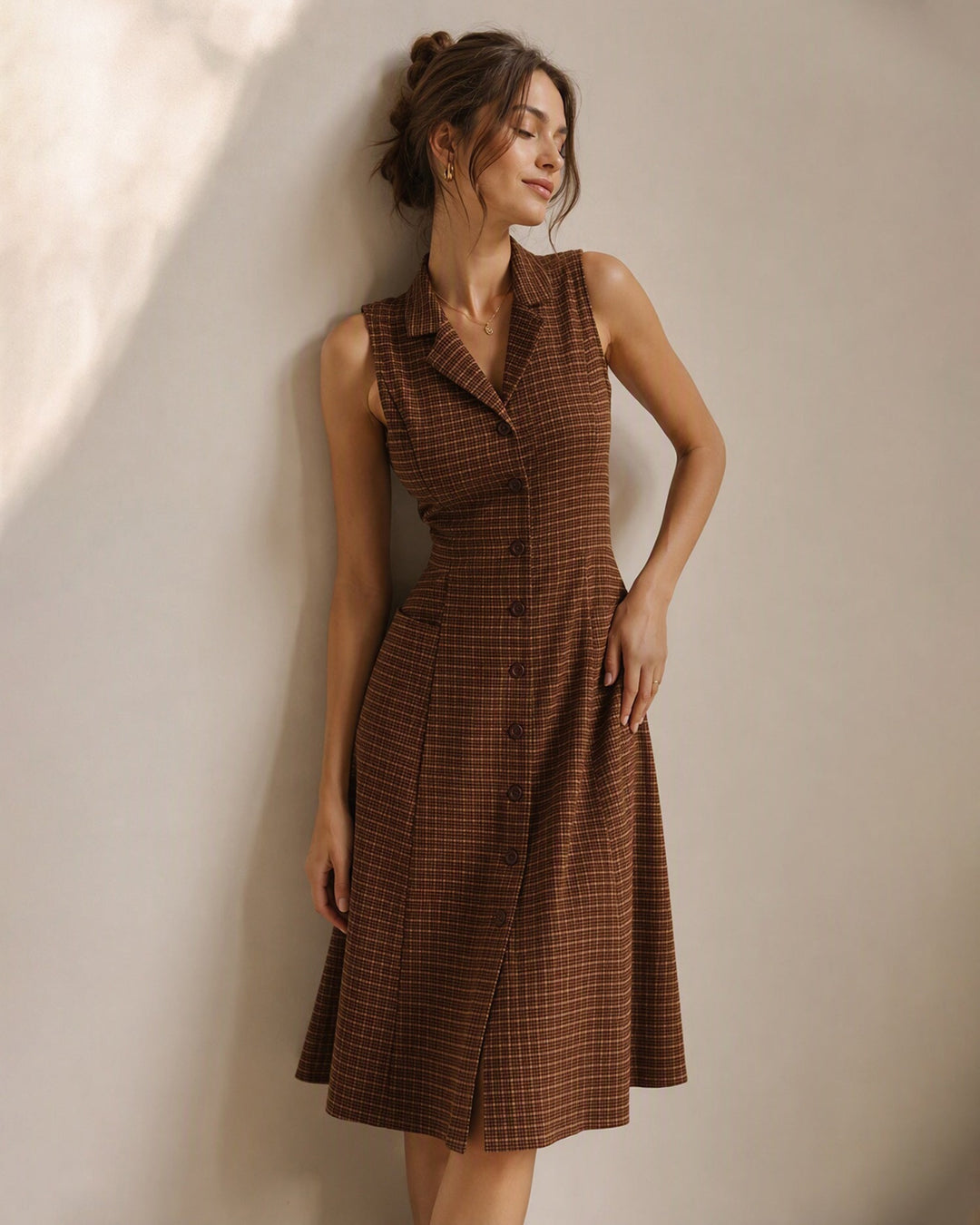 Robe Midi à Carreaux Marron Sans Manches avec Poches