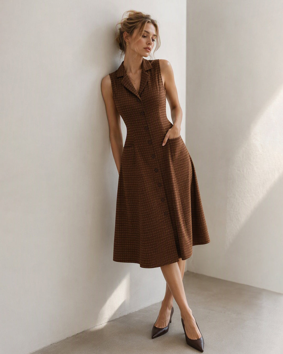 Robe Midi à Carreaux Marron Sans Manches avec Poches