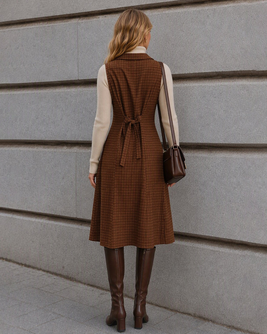 Robe Midi à Carreaux Marron Sans Manches avec Poches