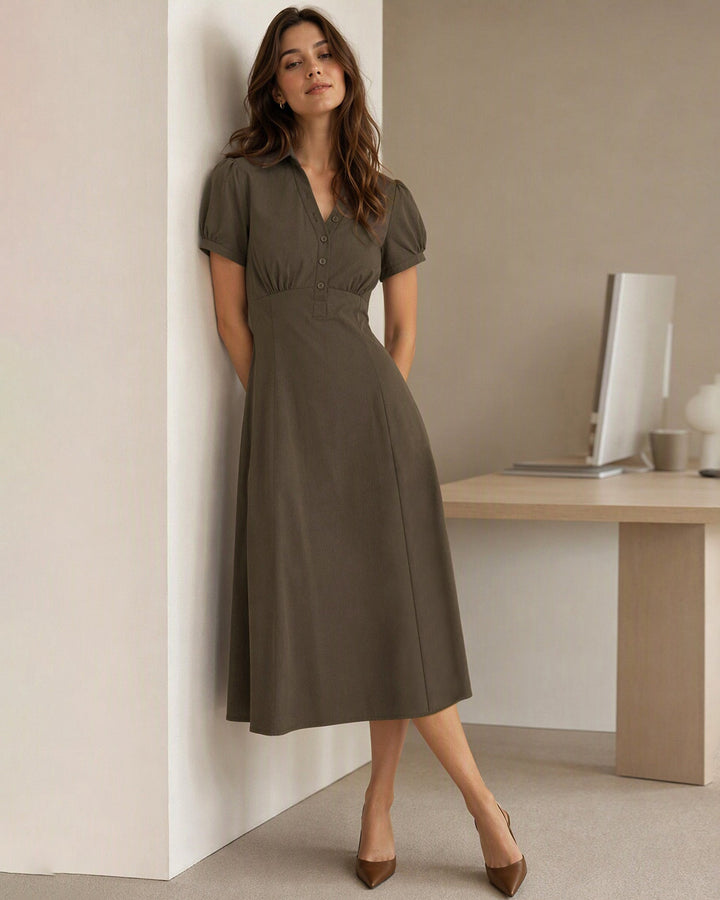Robe Midi à Manches Bouffantes Brune avec Fente et Boutons
