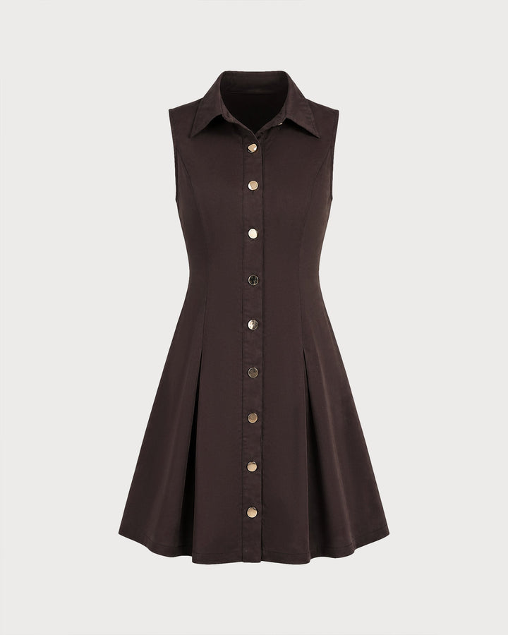 Robe Mini Sans Manches à Boutons Cou Marron