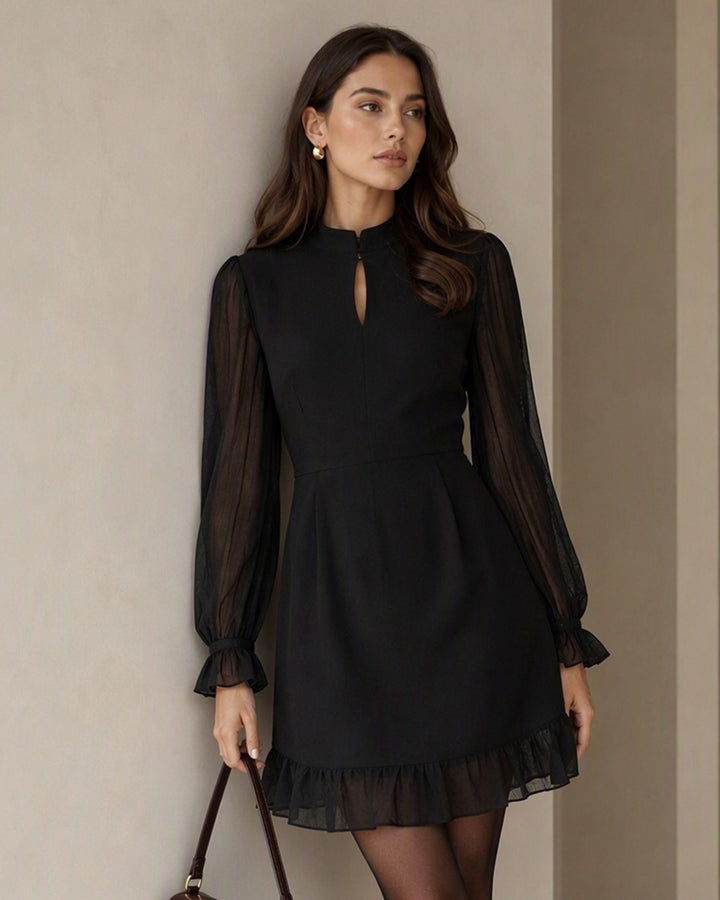 Robe Mini Chiffon à Manches Bouffantes Noires avec Nœud