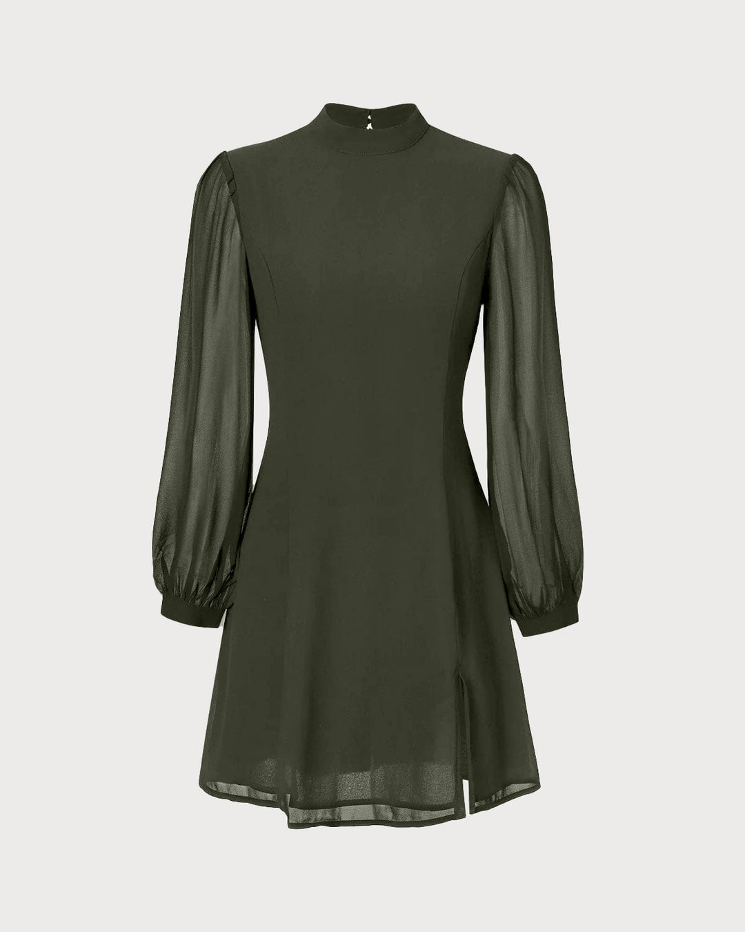 Robe Mini Chiffon à Col Montant Fendue Verte