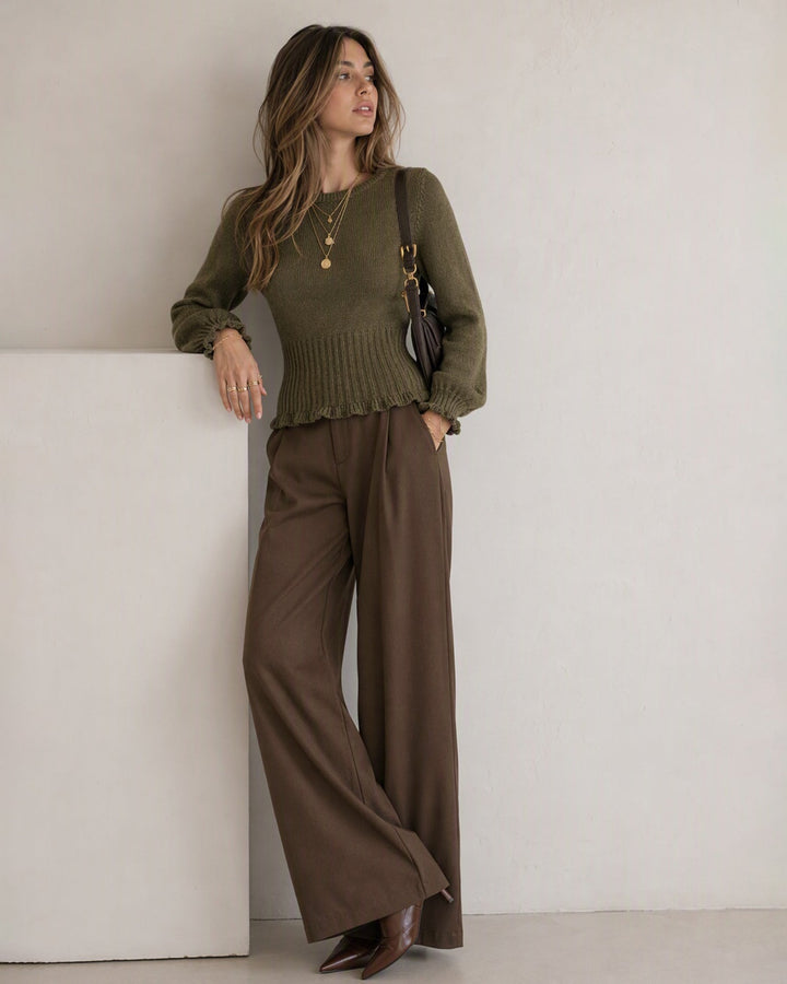 Pantalon Droit avec Taille Élastique et Poches Marron
