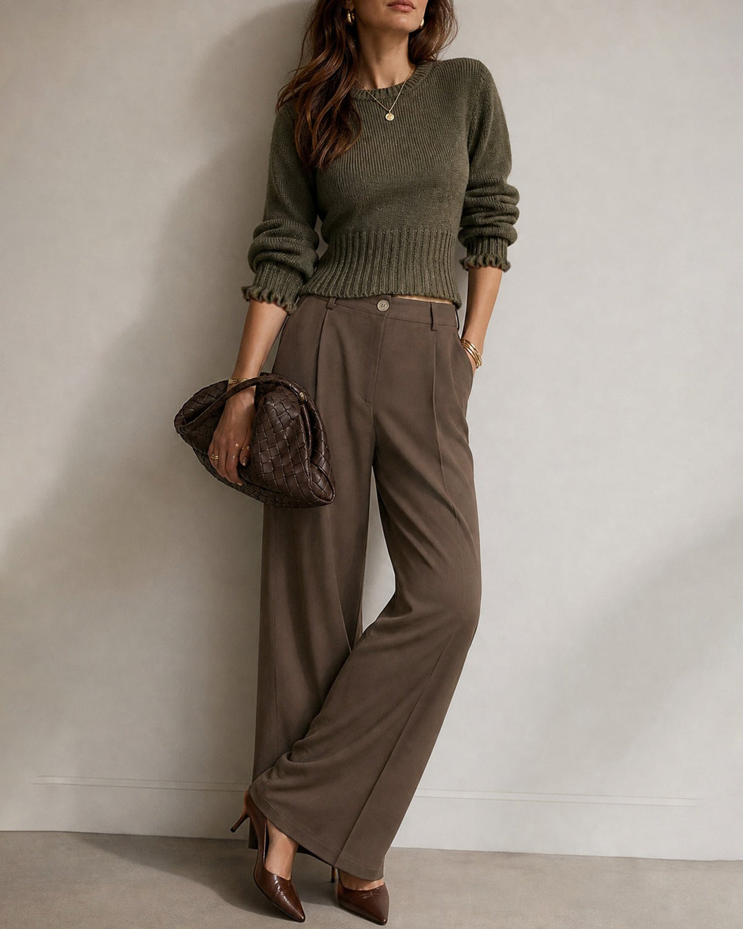 Pantalon Droit avec Taille Élastique et Poches Marron