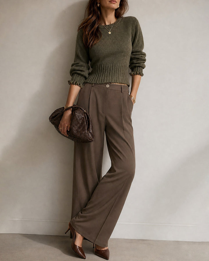 Pantalon Droit avec Taille Élastique et Poches Marron