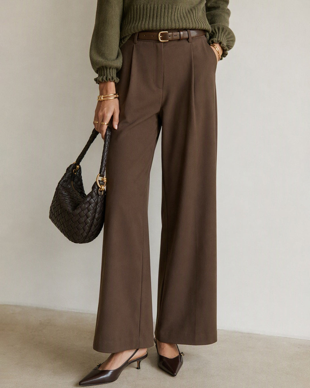 Pantalon Droit avec Taille Élastique et Poches Marron