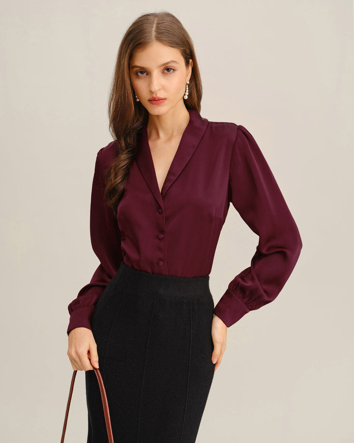 Chemise Boutonnée Satin Rouge Vin