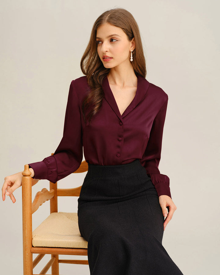 Chemise Boutonnée Satin Rouge Vin