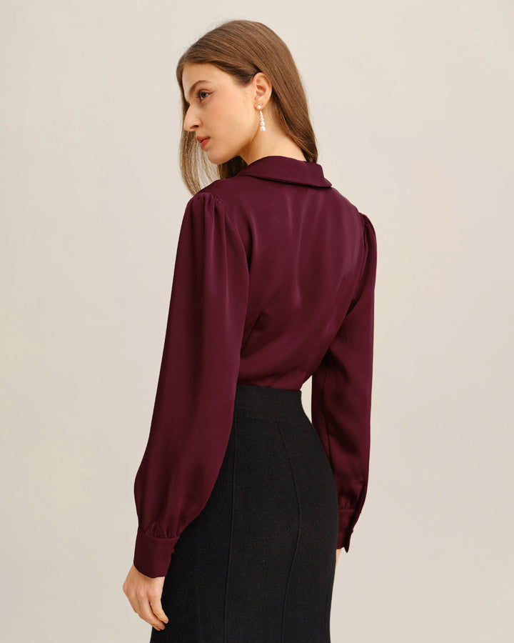 Chemise Boutonnée Satin Rouge Vin