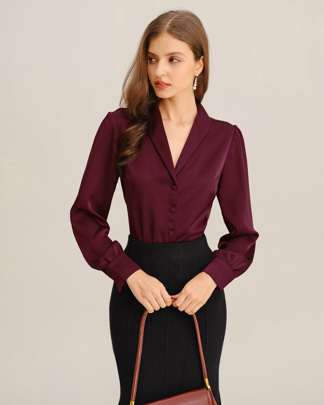 Chemise Boutonnée Satin Rouge Vin