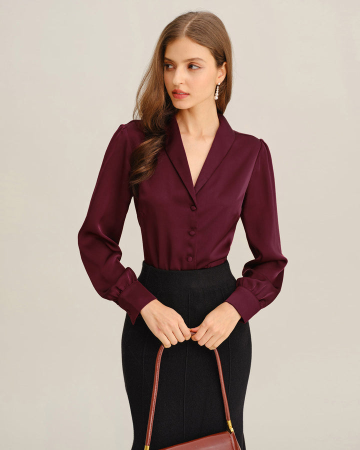 Chemise Boutonnée Satin Rouge Vin