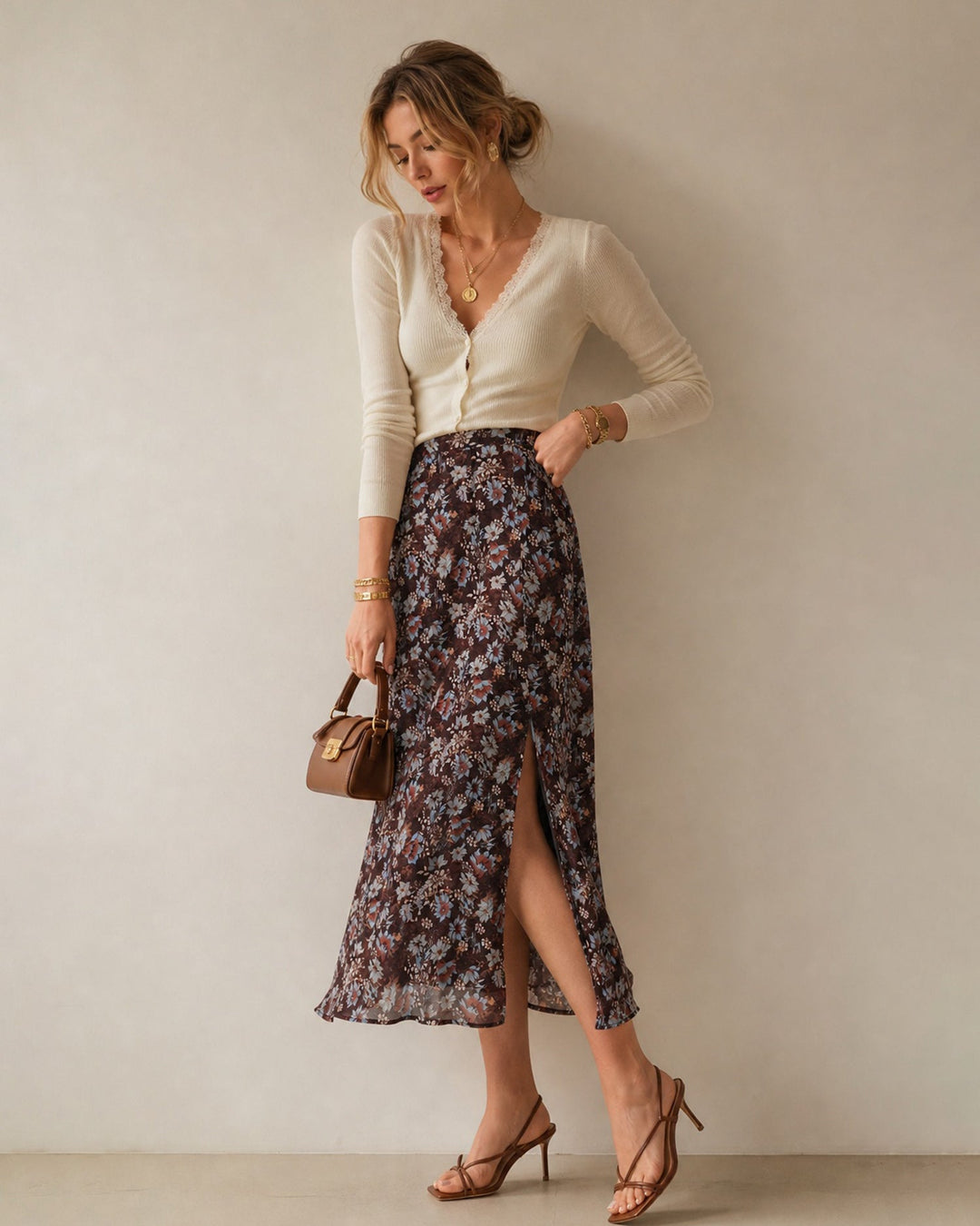 Jupe Midi Chiffon Fendue Fleurie Café