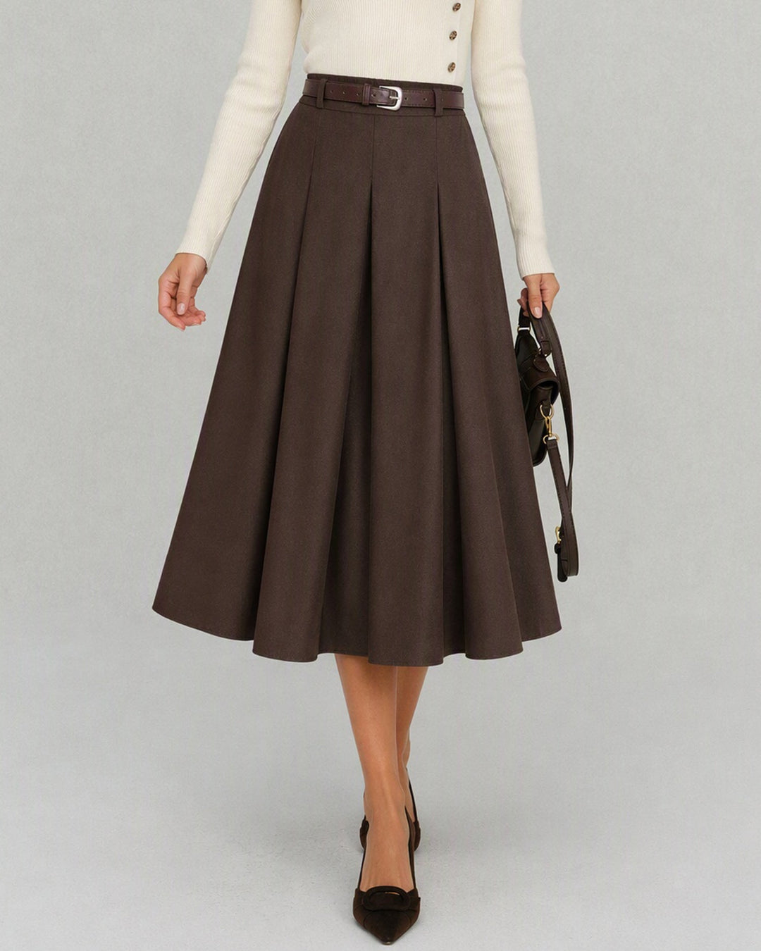 Jupe Midi à Taille Élastique avec Poches Coffee Belt
