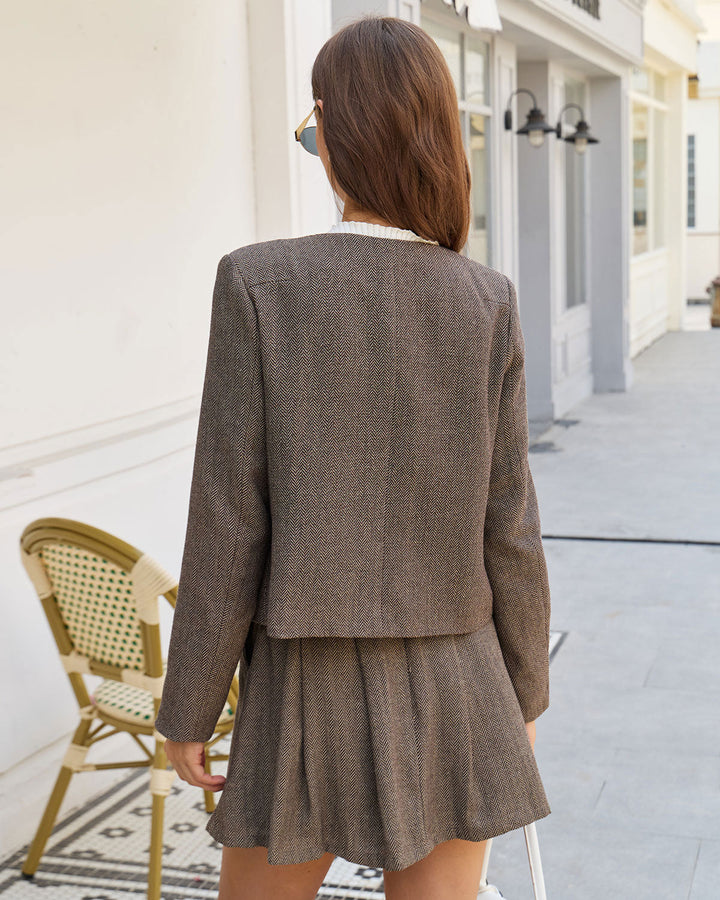Jupe Mini Plissée A-Ligne Marron avec Poches