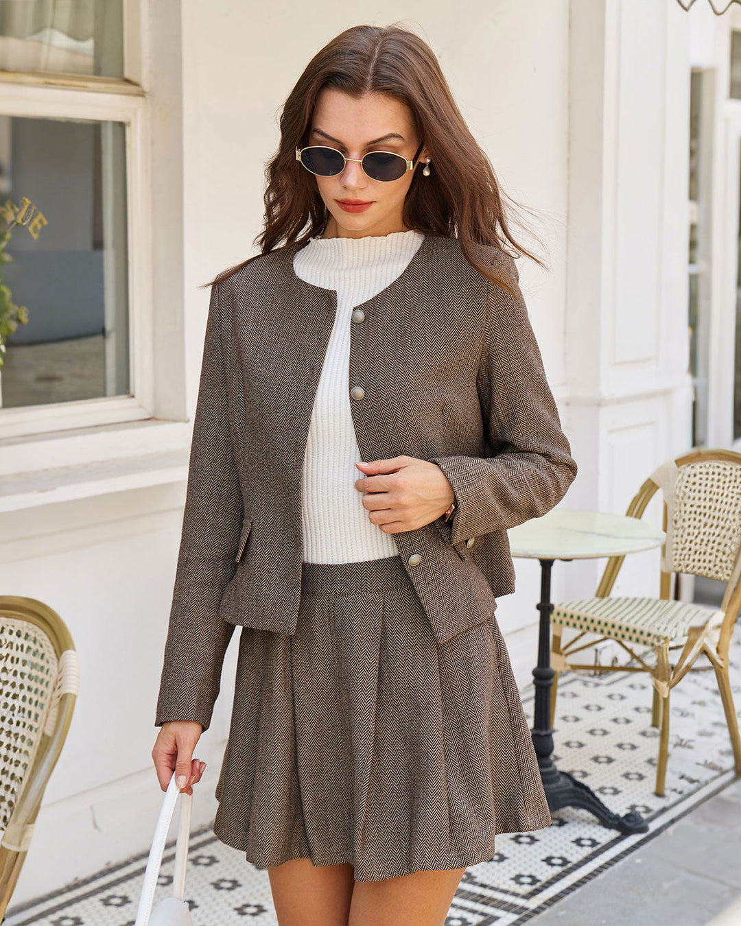 Jupe Mini Plissée A-Ligne Marron avec Poches