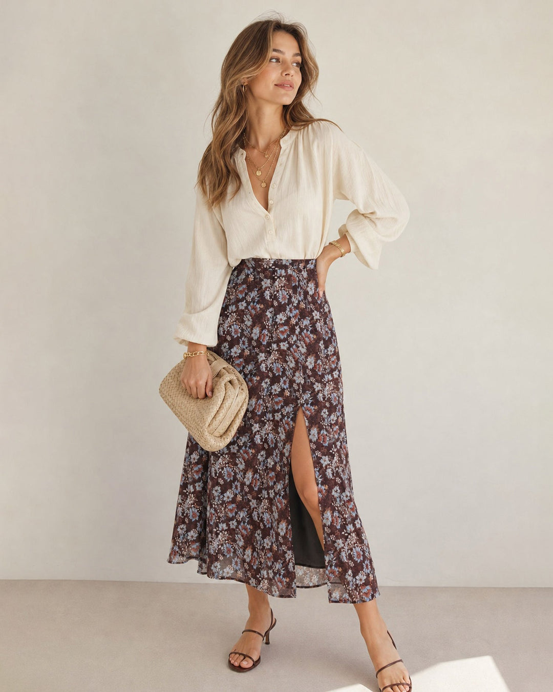 Jupe Midi Chiffon Fendue Fleurie Café