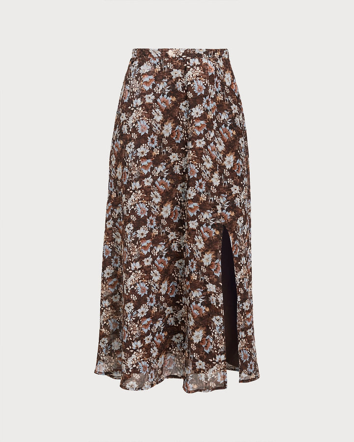 Jupe Midi Chiffon Fendue Fleurie Café