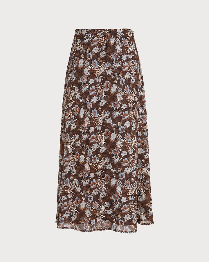 Jupe Midi Chiffon Fendue Fleurie Café